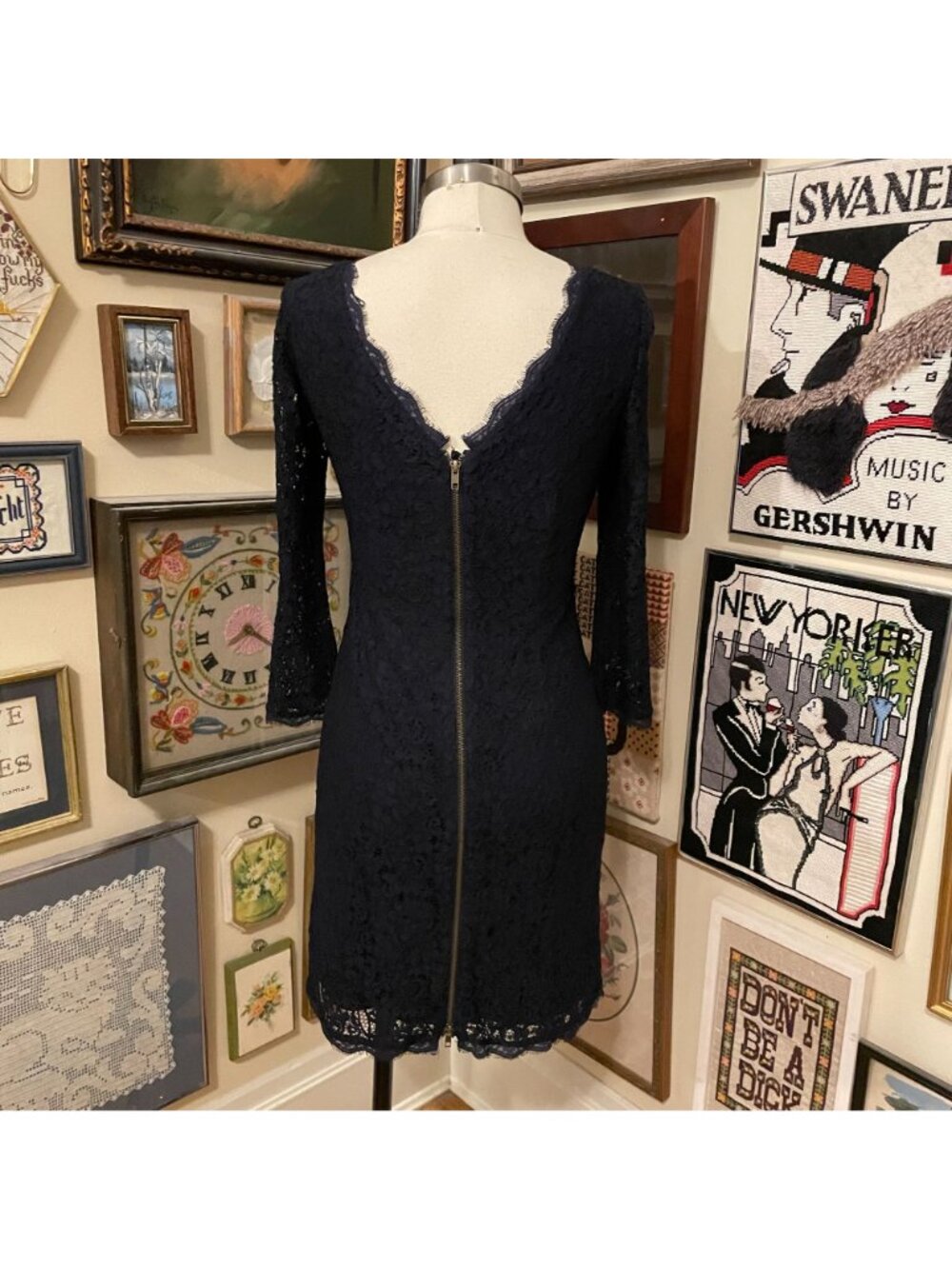 Adrianna Papell Evening Blue Lace Cocktail Dress with Decorative Zipper Size 10 - Picture 4 of 6